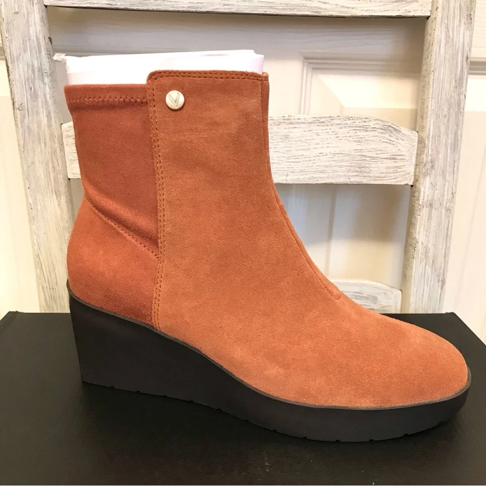Vionic Skylar Tan Suede Wedge Ankle Boots New In Box